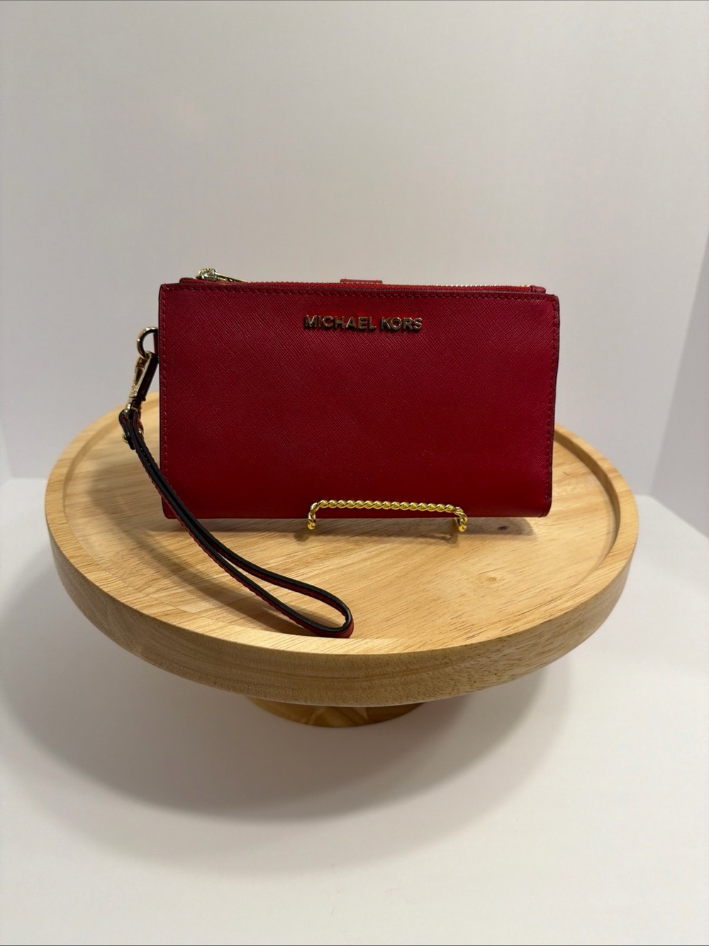 Michael Kors Jet Set Travel Leather Double Zip Wristlet Wallet Red Flame Clutch